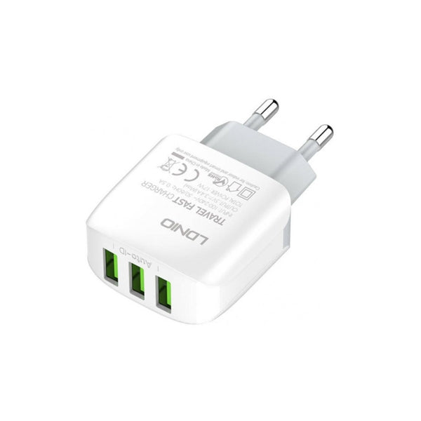 LDNIO დამტენი + კაბელი A3312 USB To Type C 17W 3USB AUTO-ID EU Wall Charger თეთრი