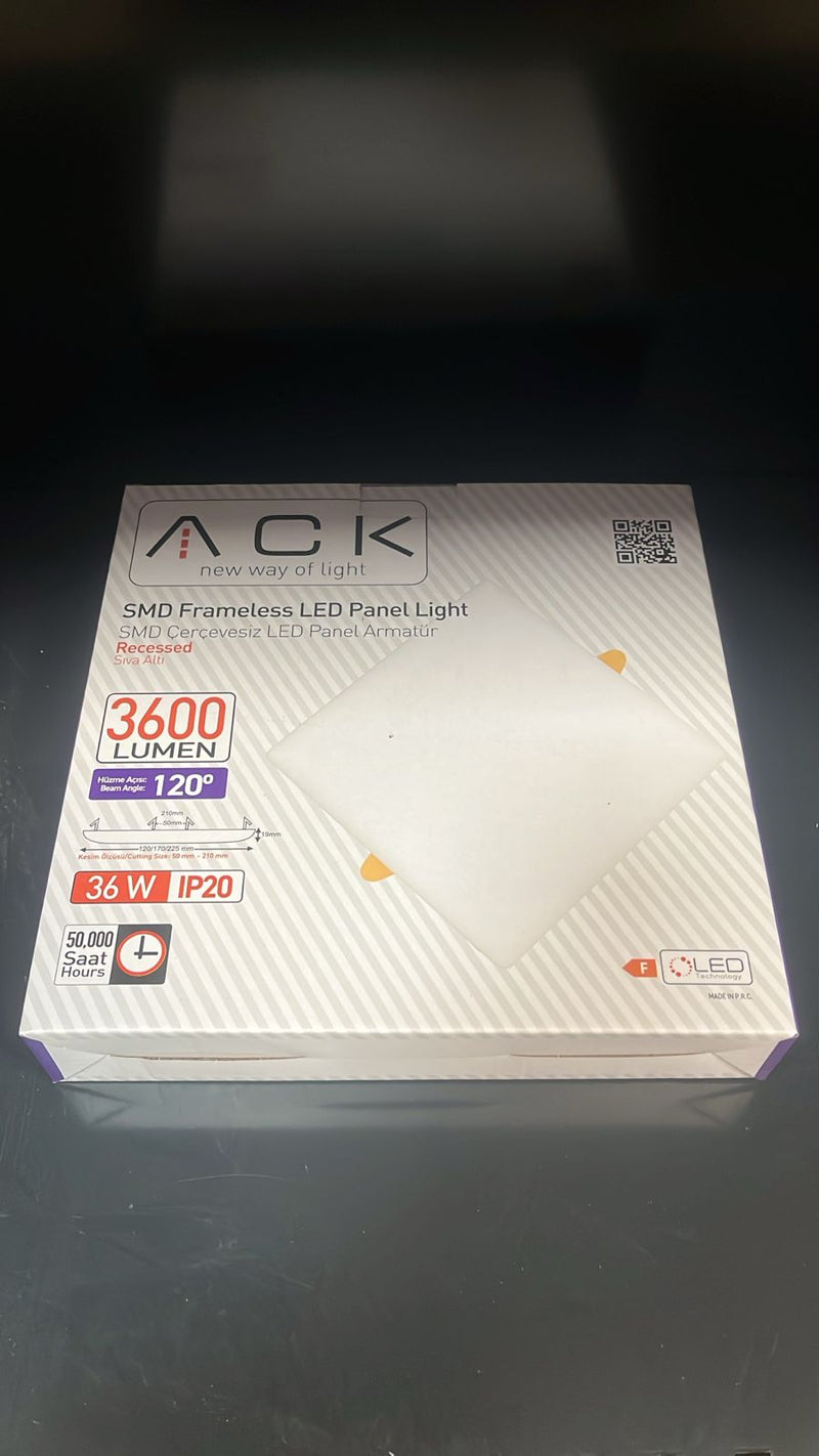 ACK Frameless Recessed Square LED Panel 4000K 36W