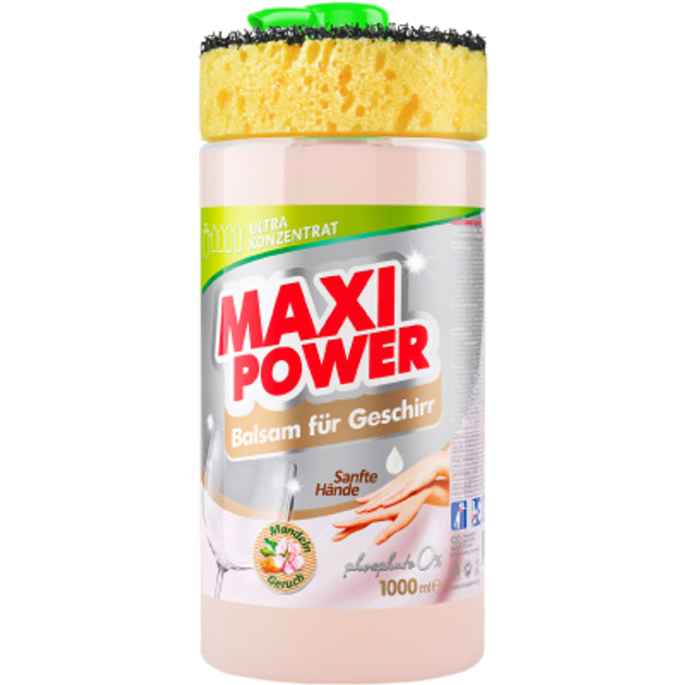 02800-MAXI POWER ჭურჭლის სარეცხი სითხე Almond 1 ლიტრი + ღრუბელი