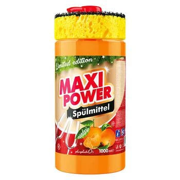 MAXI POWER ჭურჭლის სარეცხი სითხე ულტრა კონცენტრირებული , მანდარინის არომატით და ღრუბლით  1 ლიტრი ფოსფატების გარეშე ლიმიტირებული საახლწლ