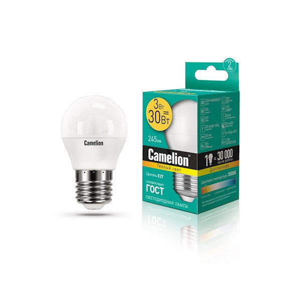 Camelion ეკონომიური LED ნათურა Energy Saving LED Bulbs - 3W/Warmlight/E27 LED3-G45/830/E27