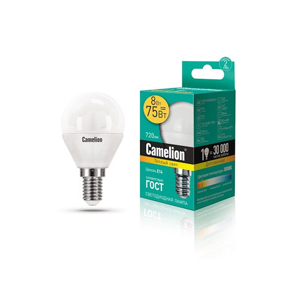 Camelion LED ნათურა Lamp - LED8-G45/830/E14 ნათურა ლედ განათებით ეკონომიური 8 ვატი (ეკვივალენტი 75 ვატის)