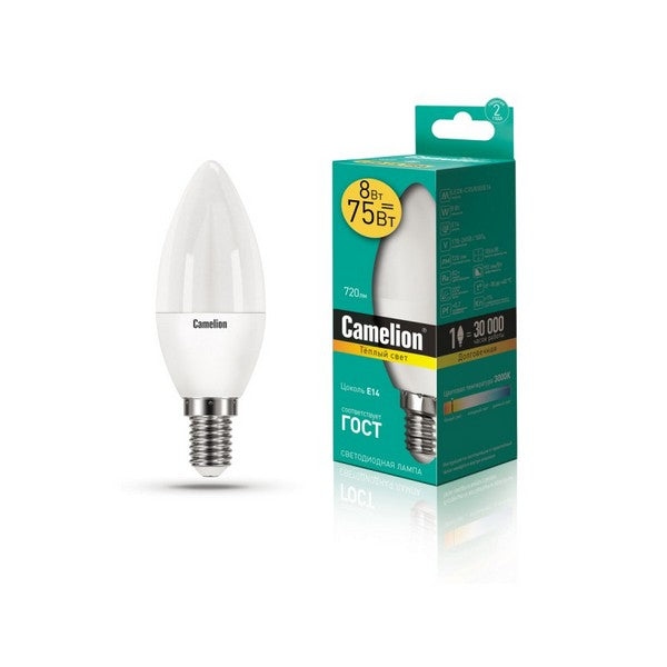 Camelion  LED ნათურა Lamp -  LED8-C35/830/E27 ნათურა ლედ განათებით ეკონომიური 8 ვატი (ეკვივალენტი 75 ვატის)