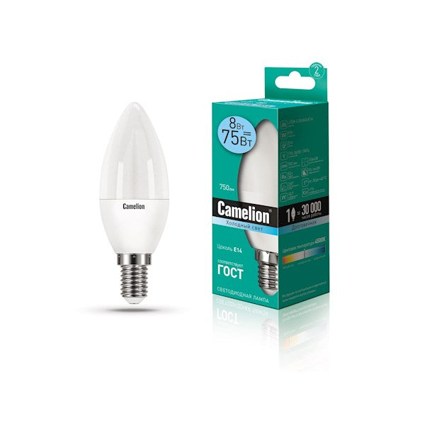 Camelion  LED ნათურა Lamp -  LED8-C35/845/E14 ნათურა ლედ განათებით ეკონომიური 8 ვატი