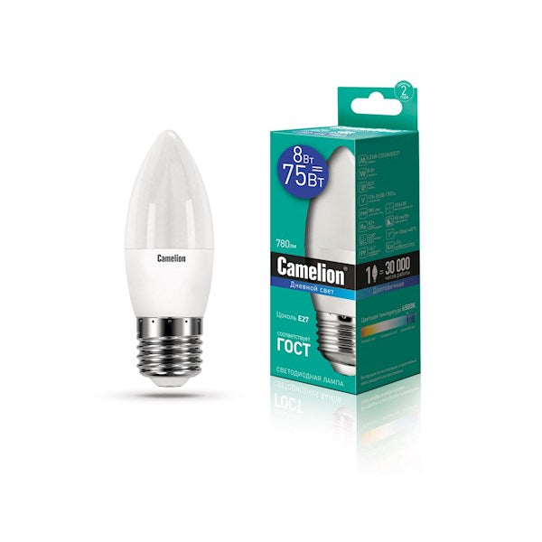 Camelion  LED ნათურა Lamp -  LED8-C35/865/E27 ნათურა ლედ განათებით ეკონომიური 8 ვატი (ეკვივალენტი 75