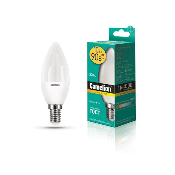 Camelion LED ნათურა Lamp - LED10-C35/830/E14 ნათურა ლედ განათებით ეკონომიური 10 ვატი (ეკვივალენტი 95 ვატის) ცივი ნათება E14 ცოკოლზე