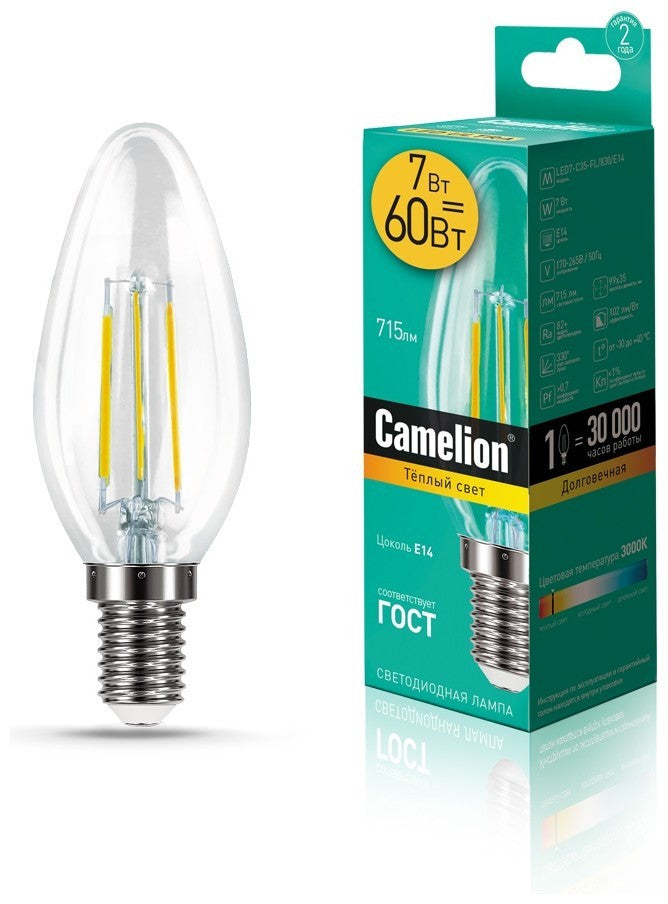 Camelion Led Lamp Filament LED7-C35-FL/830/E14 ნათურა ლედ განათებით ეკონომიური ფილამენტი 7 ვატი ეკვი