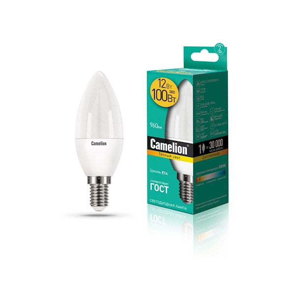 Camelion LED ნათურა Lamp - LED12-C35/830/E14 ნათურა ლედ განათებით ეკონომიური 12 ვატი (ეკვივალენტი 100 ვატის) თბილი ნათება E14 ცოკოლზე