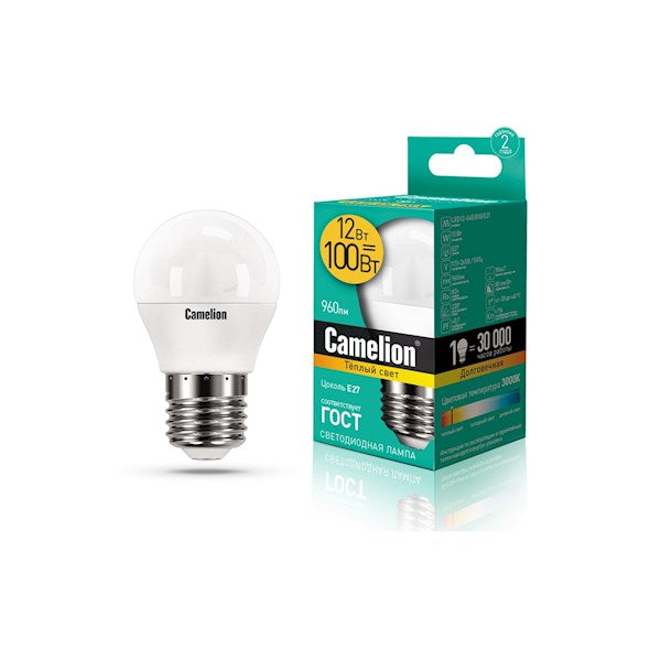 Camelion LED ნათურა Lamp - LED12-G45/830/E27 ნათურა ლედ განათებით ეკონომიური 12 ვატი (ეკვივალენტი 100 ვატის) თბილი ნათება E27 ცოკოლზე