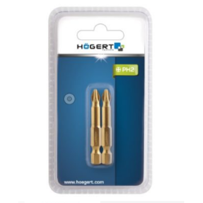 HT1S392 თავაკი სახრახნისის 2 ცალი ტიტანიუმი Screwdriver bit, PH2 50 mm, S2 steel, titanium coated, 2- piece blister Hoegert (10/100)