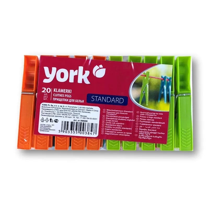 3847 - York სარეცხის სარჭი (შპილკა) "სტანდარტული" 20 ცალიანი 4 ფერში