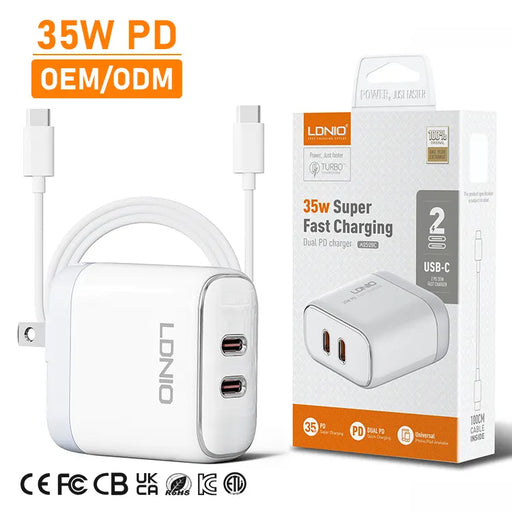 LDNIO დამტენი + კაბელი A2528C Type C-Type C 35W Dual USB-C Fast Charger თეთრი