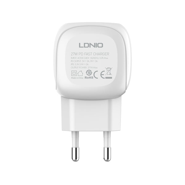 LDNIO დამტენი + კაბელი A1206C Type-C to Lightning 27W Single USB PD Fast Charger თეთრი