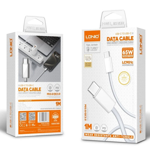 LDNIO მობილურის კაბელი LC862C White, Type-C to Type-C, 65W Fast Charge, 2M თეთრი