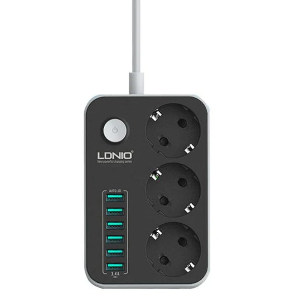 LDNIO დამაგრძელებელი/დამცავი SE3631 Power Socket with 3 Outlets Power Strip Strip with 6 USB Ports 17W, 2500W, 10A, 2M