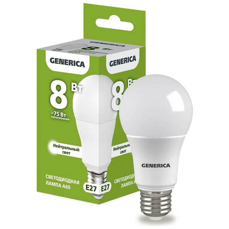LED ნათურა A60 8W 230V 4000K E27  LL-A60-08-230-40-E27-G