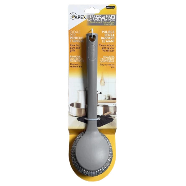 16007-Apex ქვაბის მეტალის სახეხი ტარით DISH BRUSH WITH STAINLESS STEEL SCOURING PAD