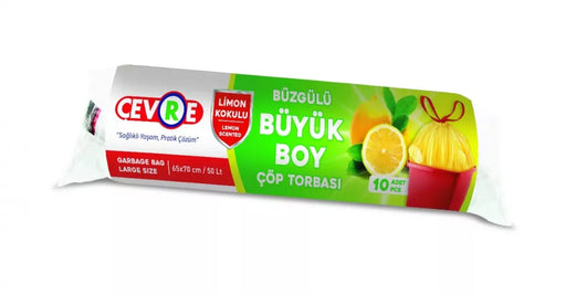 CEVRE სურნელოვანი ნაგვის ტომარა თასმით (65x70) ლიმონი 10ც*25 ,,ნარჩენებისთვის"