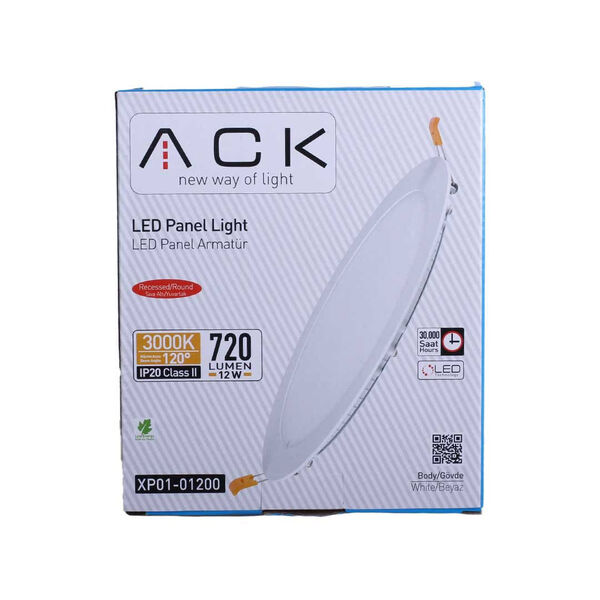 40194 - ACK 12 ვატიანი ლედ პანელი თეთრი მრგვალი 3000 კანდელი  IP20 XP01-01200