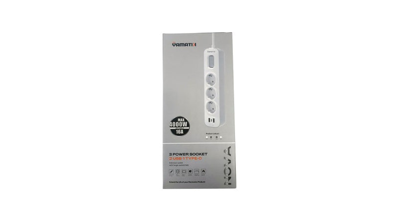 Yamatik NOVA-103U/2M 9555432100190 დენის დამცავი დამაგრძ. დამიწებით, 3 შეს. 2 მ. 4000W, 16A, 3*1.5mm, 2xUSB/Type C