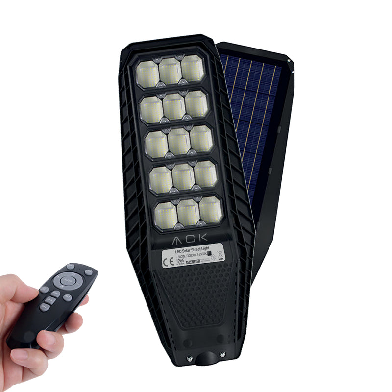 30804 - ACK 300W გარე განათება პულტით მზის ენერგიაზე მოძრაობის სენსორი  6500 კანდელი IP65  3000 ლუმ