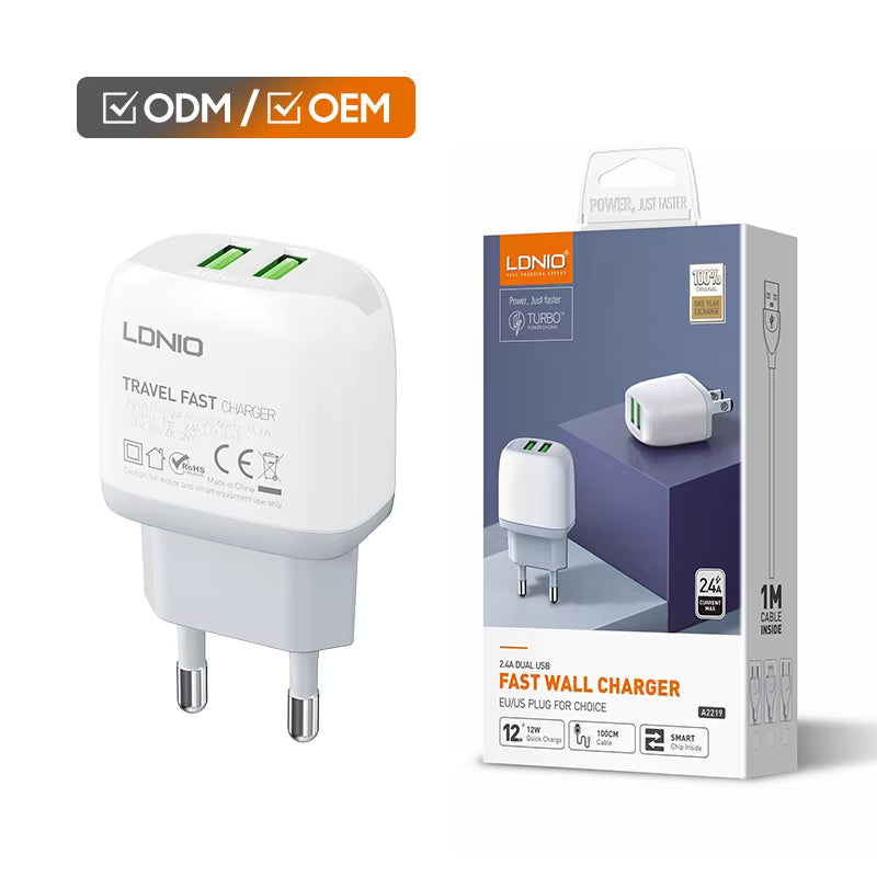 LDNIO დამტენი  A2219 USB To Type C 12W USB (2 Ports) Fast Wall Charger Adapter თეთრი