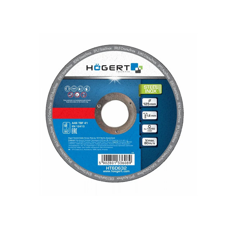 HT6D632 საჭრელი დისკი მეტალის inox (10 ცალი) 125x1,6x22,23 HÖGERT (400/1200)