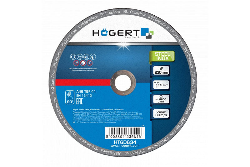 HT6D634 საჭრელი დისკი მეტალის inox (10 ცალი) 230x1,9x22,23 HÖGERT (120/600)