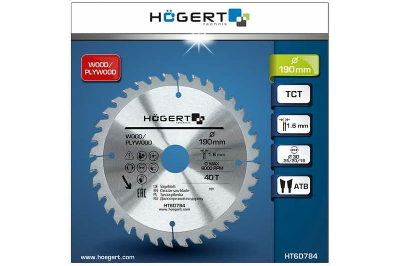 HT6D784 საჭრელი დისკი ხე/პლეივუდი 190 მმ 40T Hogert (4/50)