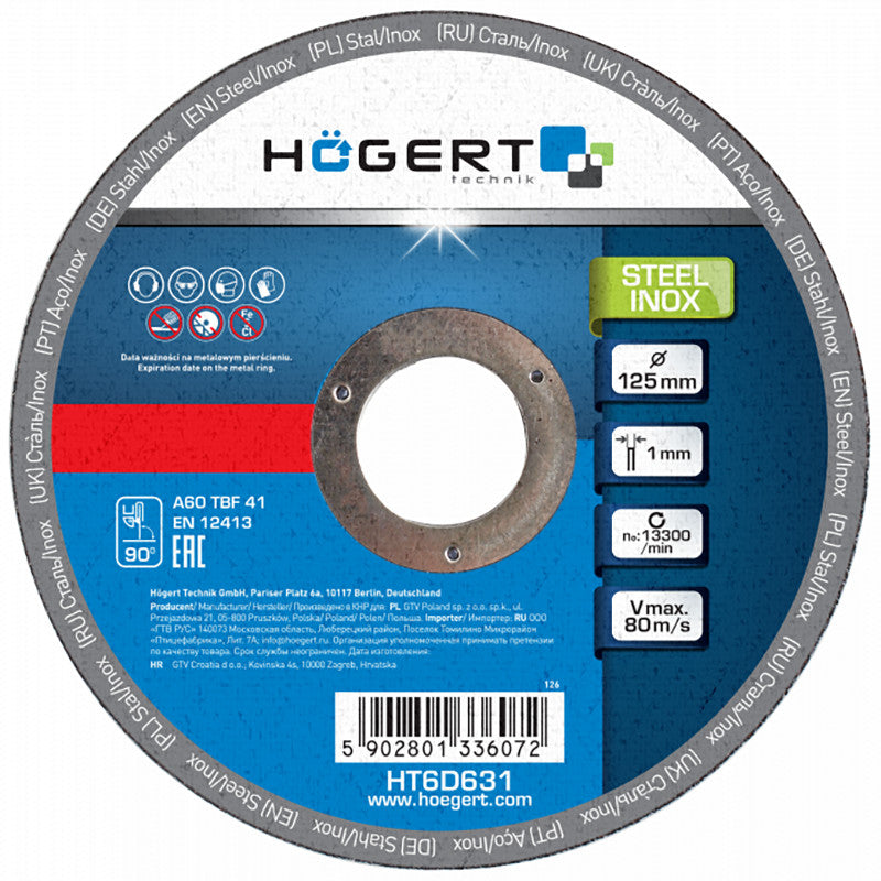 HT6D631 საჭრელი დისკი მეტალის inox (20 ცალი) 125x1,0x22,23 HÖGERT (400/1200)