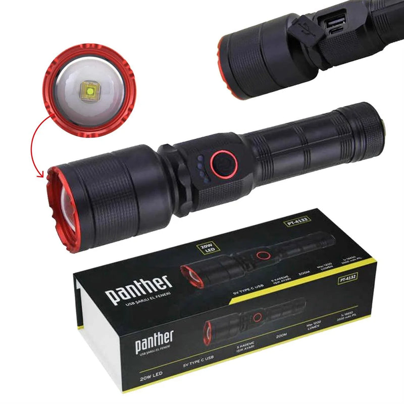 Panther 20W LED Metal Rechargebale Flashlight, 1x 26650 3500mAh, 1200 lumens, 5 modes